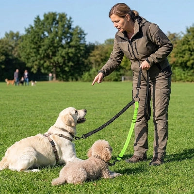 labrador et caniche avec double laisse pour chien