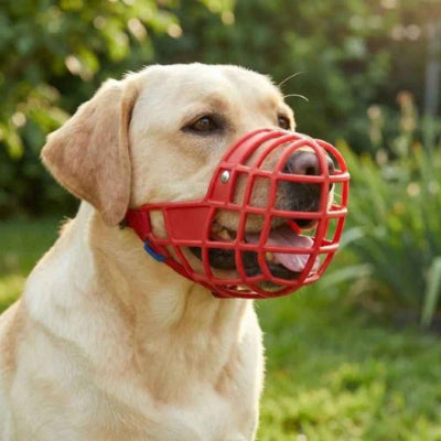 labrador halète avec muselière chien rouge