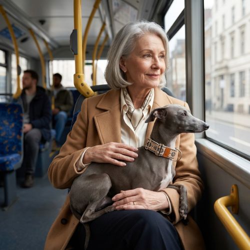 levrette assis dans bus porte collier chien