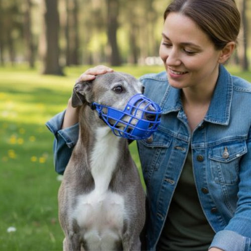 lévrier calme porte muselière chien bleu avec dame