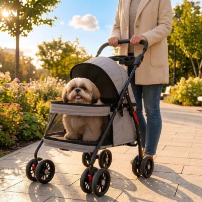 lhassa apso dans poussette pour chien