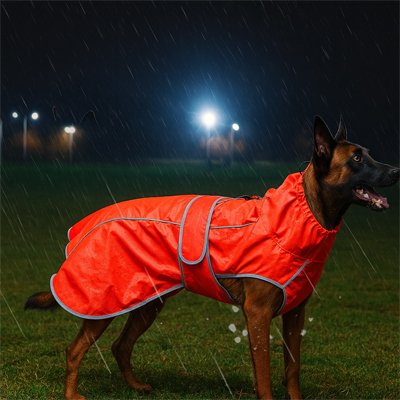 malinois avec manteau de pluie pour chien rouge