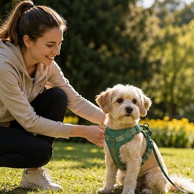 maltipoo au parc porte harnais anti traction chien