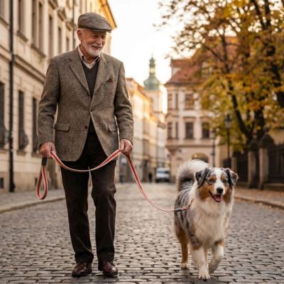 monsieur promène berger australien avec laisse pour chien toile