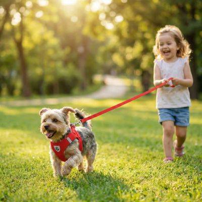 morkie en balade avec harnais pour chien rouge