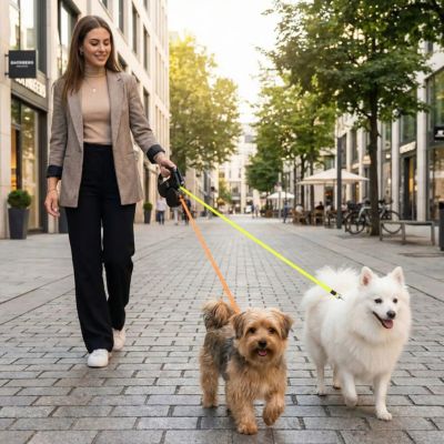 morkie et spitz avec double laisse pour chien rétractable