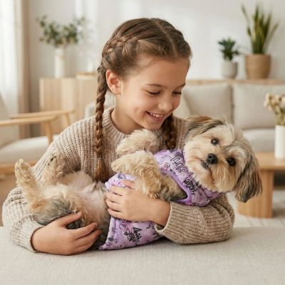 morkie porte manteau pour chien mauve dans bras fillette
