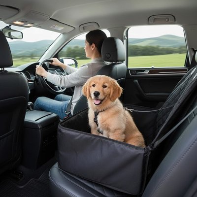 petit labrador assis dans siege auto pour chien
