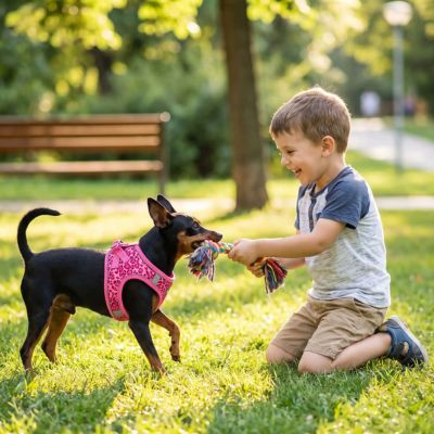 pinscher avec harnais petit chien léopard rose joue