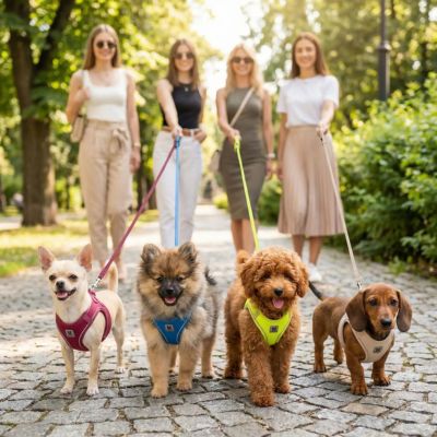 quatre bébés chiens en balade avec harnais chiot