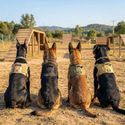 quatre chiens avec harnais tactique chien dans camp entraînement