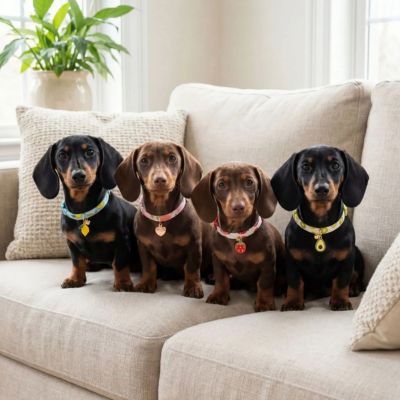 quatre teckels portent collier chiot fruits