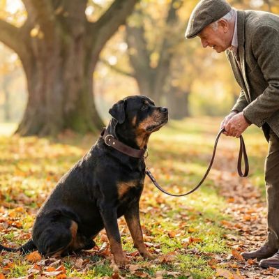 rottweiler en promenade porte collier en cuir pour chien marron