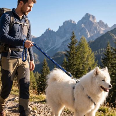 samoyede tenu en laisse chien tressée noir et bleu
