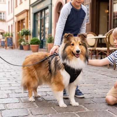 sheltie en ville avec harnais anti traction chien