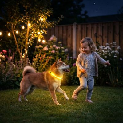 shiba inu avec collier lumineux pour chien jaune