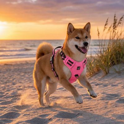 shiba inu avec harnais chien rose court sur plage