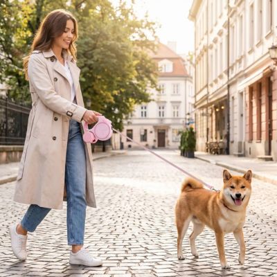 shiba inu avec laisse pour chien rétractable couleur rose