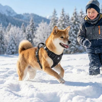 shiba inu court dans neige avec harnais  chien noir