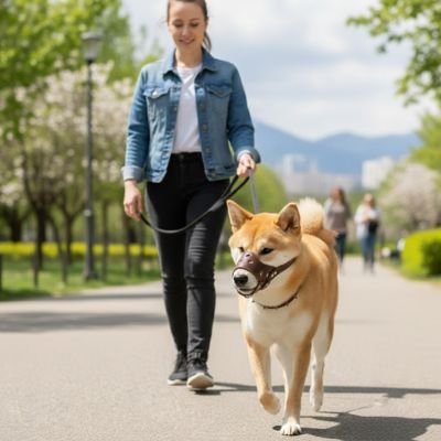 shiba inu en promenade au parc avec muselière chien