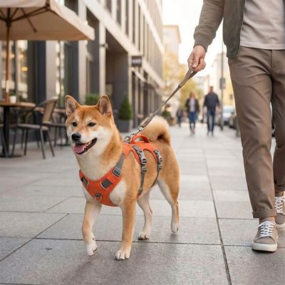 shiba inu se promène avec harnais chien poignée orange
