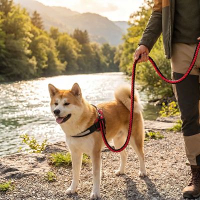shiba inu tenu en laisse chien tressée noir et rouge