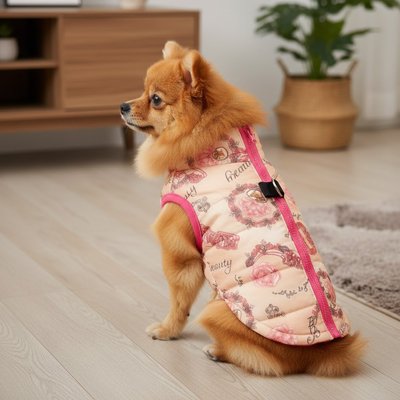 spitz assis avec manteau pour chien rouge et beige