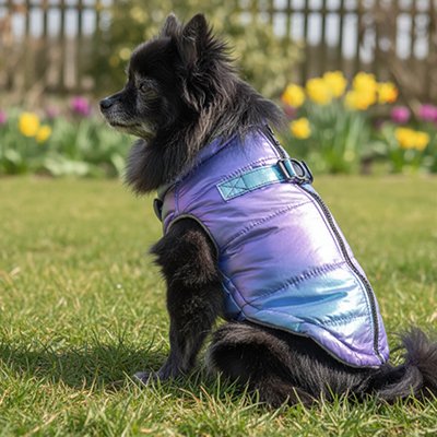 spitz assis dans herbe porte manteau chien imperméable bleu