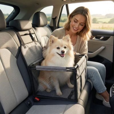 spitz assis dans siege auto chien gris