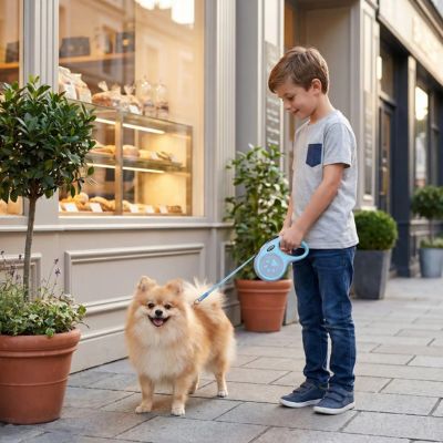 spitz avec laisse pour chien enrouleur bleu