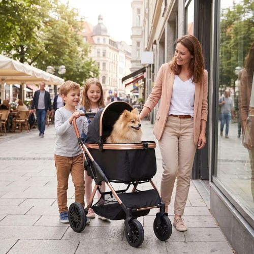 spitz dans poussette pour chien en ville