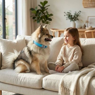 spitz loup avec collier chien bleu clair neoprène