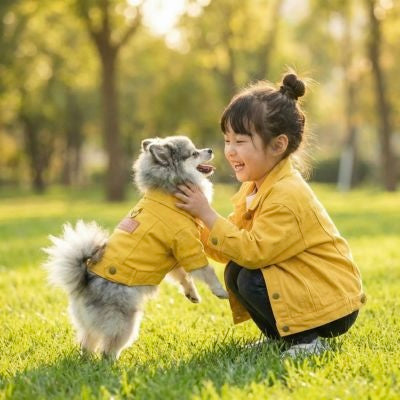 spitz porte manteau pour petit chien jaune joue avec fillette