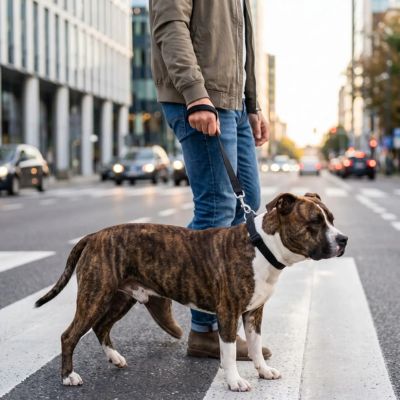 staff tenu avec laisse courte pour chien