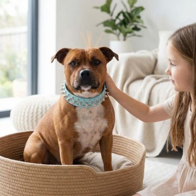 staffie dans son panier porte collier chien clouté bleu