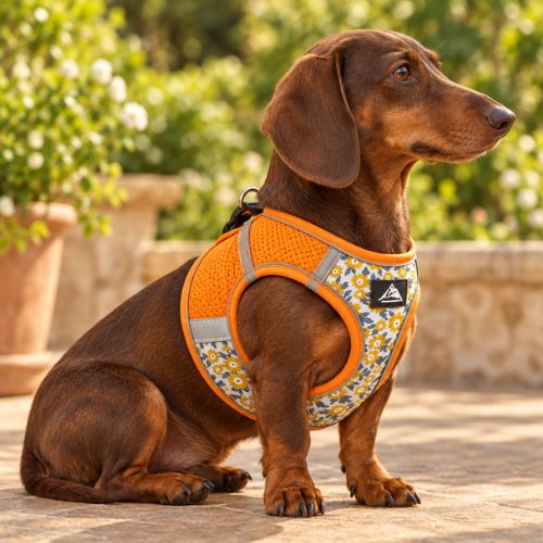teckel assis porte harnais petit chien fleuri orange