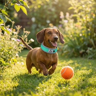 teckel avec collier chien vert neoprène joue dans jardin