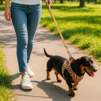 teckel avec harnais petit chien leopard marron en promenade