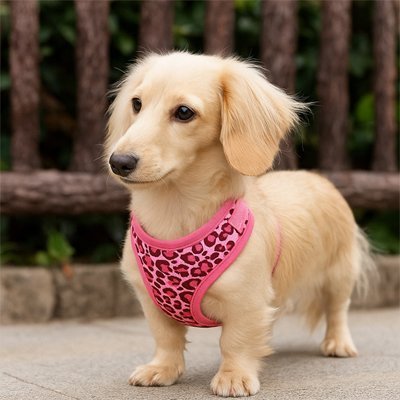 teckel avec harnais petit chien léopard rose