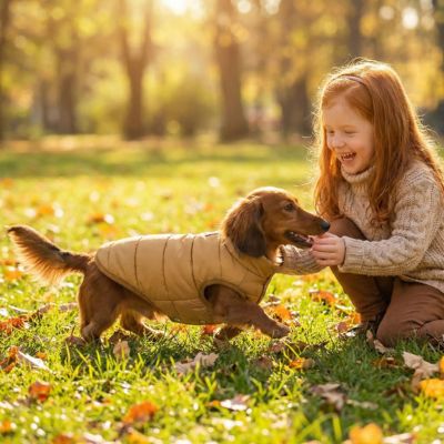 teckel avec manteau pour petit chien joue avec fillette 