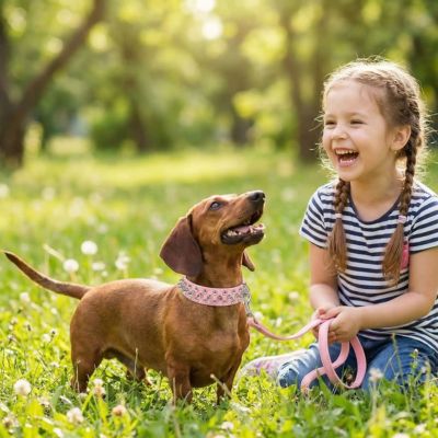 teckel dans herbe porte collier chien clouté rose