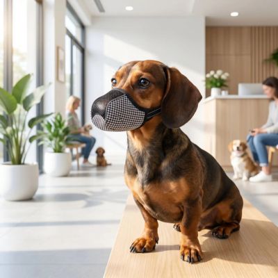 teckel porte muselière petit chien chez vétérinaire