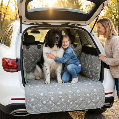 terre neuve avec fillette sur protection voiture pour chien
