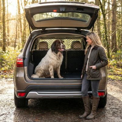 terre neuve mouillé dans coffre avec filet protection chien voiture