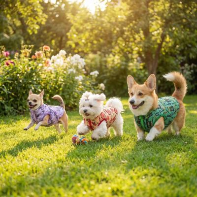 trois chiens qui courent dans herbe avec manteau pour chien