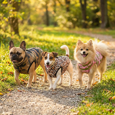 trois chiens se promènent en manteau pour petit chien