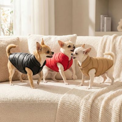 trois chiwawas avec manteau pour petit chien jouent sur canape