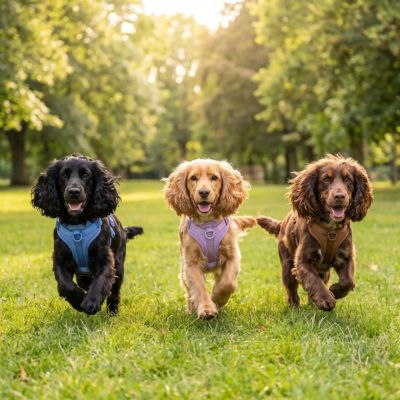 trois cocker heureux avec harnais anti traction chien