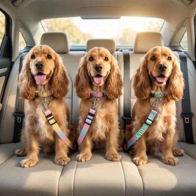 trois cockers avec ceinture de securite pour chien