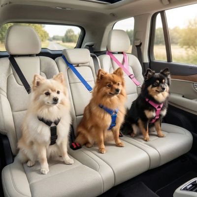 trois spitz avec ceinture de sécurité pour chien